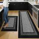 hicorfe Kitchen Runner Rugs,Set of 2 Non Slip Kitchen Mats for Floor,Vintage Stain Resistant Kitchen Mat Floor Carpet for Hallways Entryway Laundry Room Washable(21"x59"+20"x32",Black)