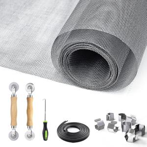 Window Screen Door Repair/Replacement Kit, King&Charles Include Gray Screen Mesh 59"x106"+ 2 Roller+50Ft Spline+8Clips+Hook, 6 in 1 Window Mesh Kit, Steel/Nylon Bearing Roller