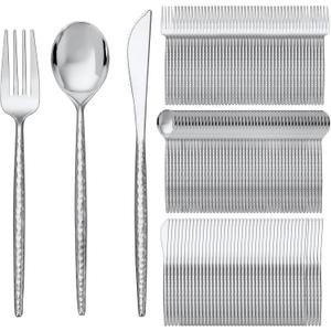 SUT 300PCS Silver Plastic Silverware, Disposable Utensils, plastic cutlery Set Includes 100 Knives, Forks and Spoons, Disposable Silverware for Party, Hammered Silverware Set