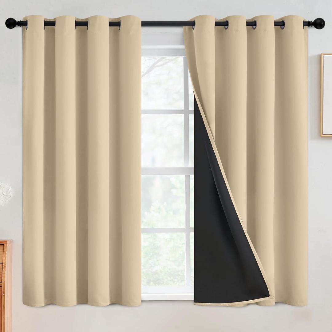 SimpleHome 100% Blackout Curtains for Bedroom,Thermal Insulated Beige Grommet Window Drapes Room Darkening Curtains for Living Room with Black Back,52 x 54 Inch,2 Panels