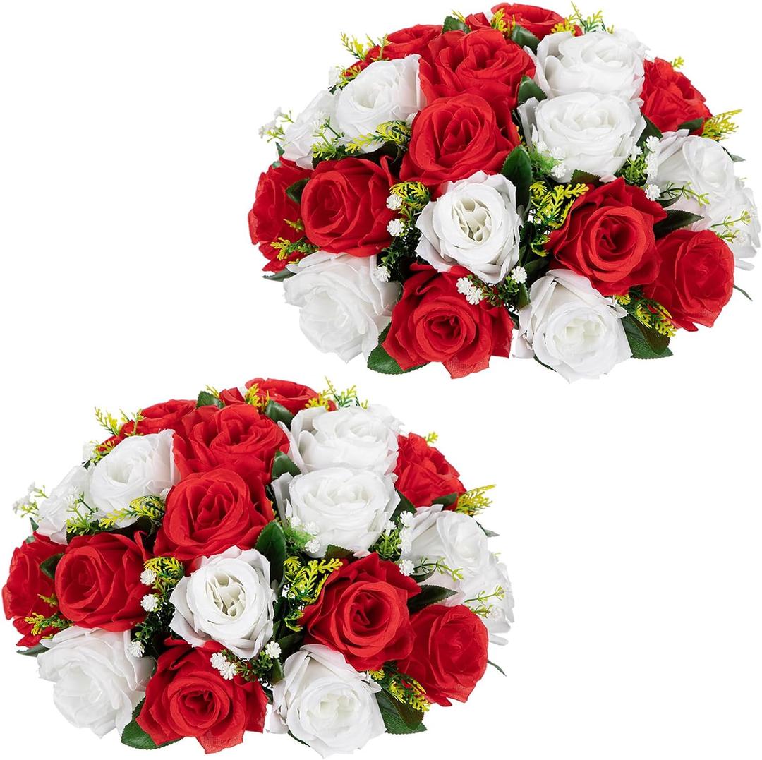 Briful Fake Floral Balls for Centerpieces - 2PCS 11.8" Large Faux Rose Flower Arrangement Silk Flower Bouquet for Home Wedding Party Anniversary Table Vase Flower Stand Decor(Red White)