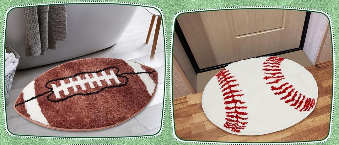 2 Pcs Football Sports Rug Round Basketball Bathroom Non Slip Baseball Bathroom Mat Decorative Football Area Rug Indoor Carpet for Bedroom Living Room Floor Chair Rooms Decor