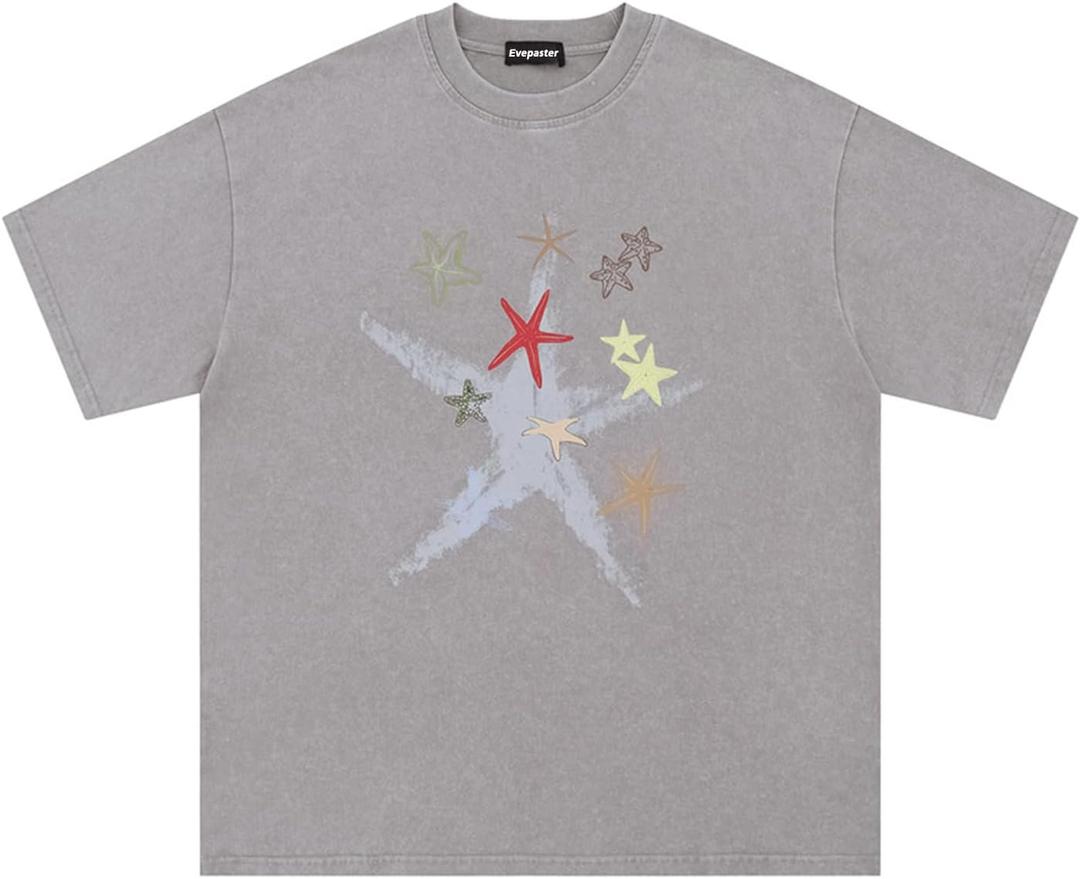 Oversize Star Print Tees Vintage Washed Graphic T Shirts Short Sleeve Y2K 90S Summer Unisex Streetwear Tops (L)