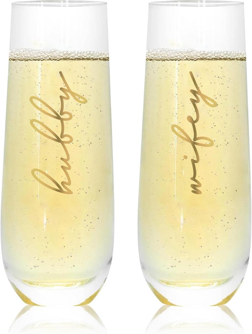 Mr&MrsGifts Hubby and Wifey Champagne Glasses Set of 2 - Stemless Crystal Flutes for Wedding/Anniversary, 10oz Lead-Free Elegant Toasting Cups, 24K Gold Logo, Romantic Gift for Him & Her(A:HW)