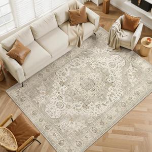 6x9 Area Rugs for Living Room, Washable Rug with Non-Slip Backing, Ultra-Thin Rugs for High-Traffic Areas, Super-Soft Floral Vintage Farmhouse Large Area Rug (Ivory/Beige, 6'x9')