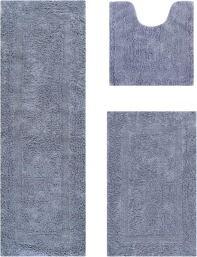 Better Trends Luxury 3 Piece Set Bathroom Rugs 100% Cotton Bath Rug Soft, Water Absorbent, Reversible, Machine Washable for Bathroom Decor Toilet Base Contour and Runner Mat Silver Lux Collection (3pc (20x20 | 21x34 | 20x60))