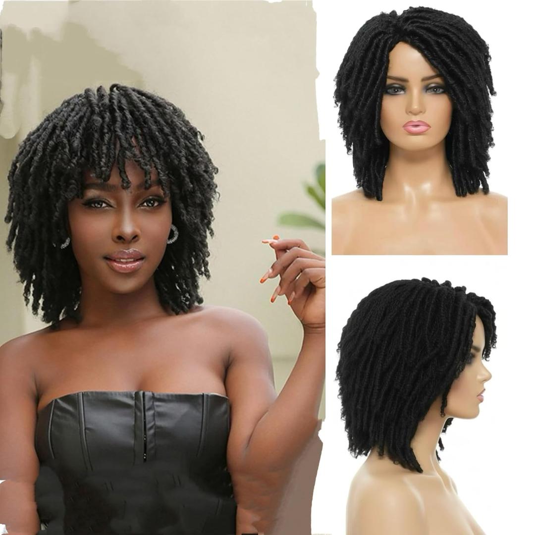 Short Dreadlock Wig for Women and Men, Synthetic Afro Twist Braided Wigs Faux Locs Hair Full Machine Made Glueless Curly Wigs, Black Color