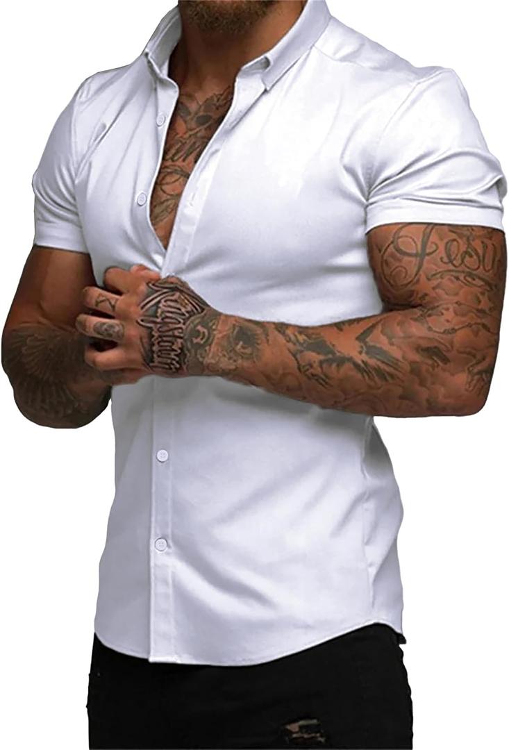 JMIERR Men's Muscle Fit Dress Shirts Wrinkle-Free Short Sleeve Casual Button Down Shirt Summer Beach Shirts, L, White
