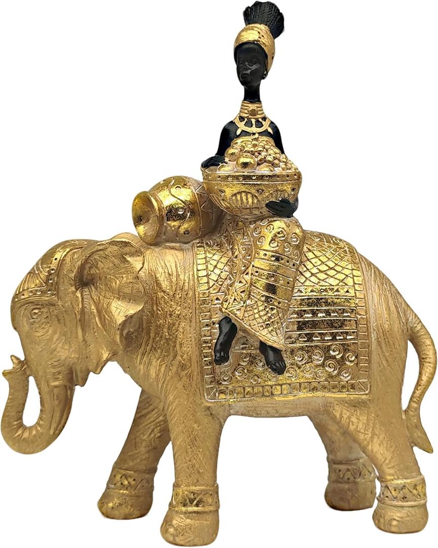 Lucky Elephant Statue ofr Home Decor,11" African Women and Elephant Sculpture Set - Decoration Figurine for Living Room,Table Centerpiece Shelf and Office (Gold-308c)