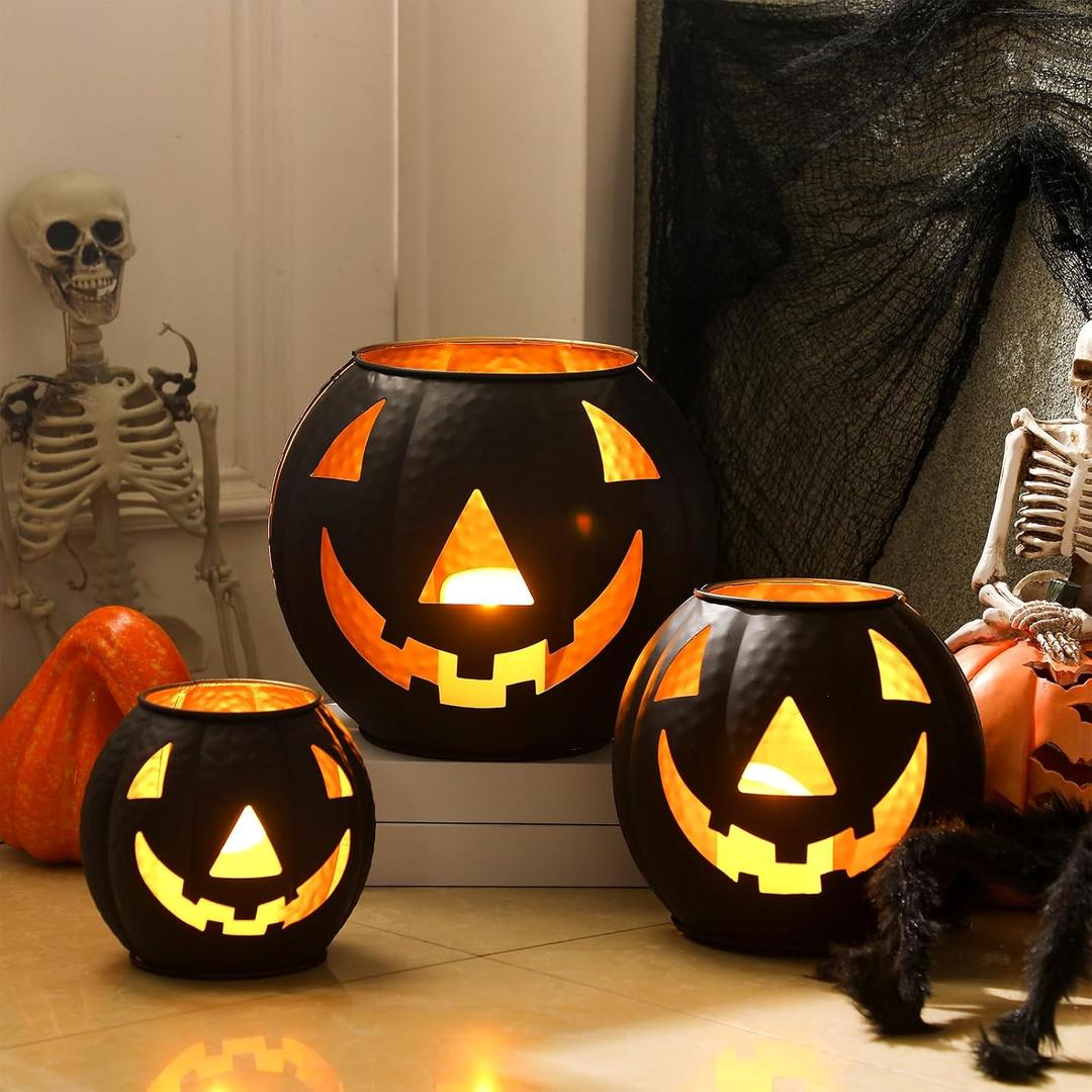 3 Pcs Halloween Metal Jack O Lanterns Pumpkin Set with LED Candles and ...