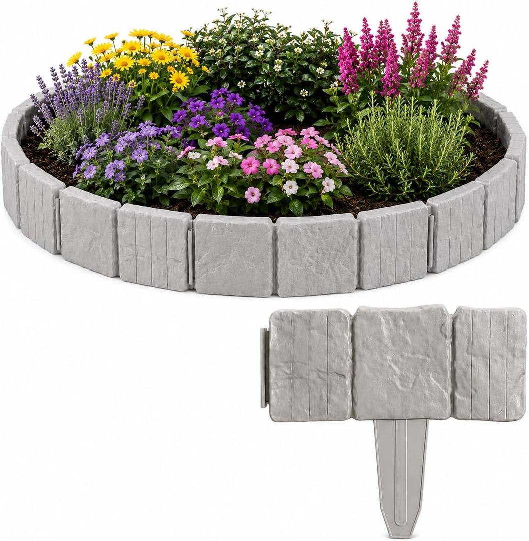 Imitation Stone Garden Fence Edging Border , Interlocking No Dig Stone Look Landscape Edging Fence for Flower Beds, Lawn, Yard & Pathway, Decorative Plastic Outdoor Garden Border Panels, 10PCS Gray