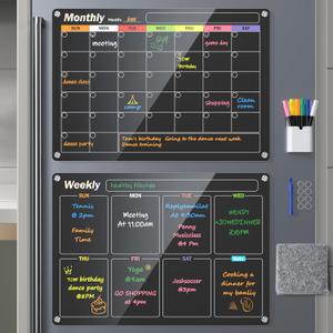Acrylic Magnetic Dry Erase Board for Fridge, 2-Pack Monthly & Weekly Calendar Planner Note Blackboard Set for Refrigerator/Wall/Glass/Kitchen, 7 Colors Markers (16"x12")