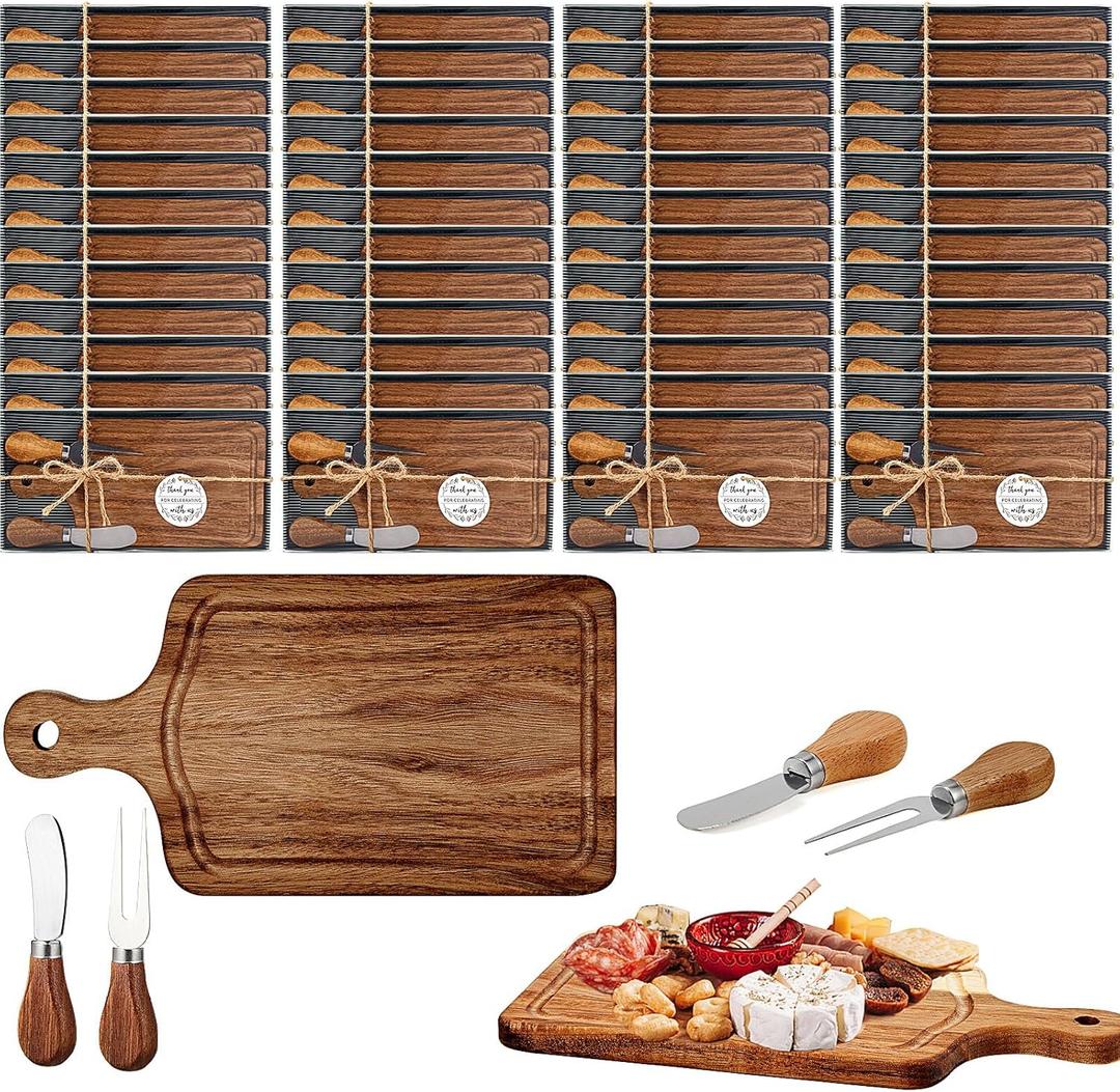 50 Set Bridal Baby Shower Cheese Prizes Wooden Square Board Gift Set Knives Forks Thank You Tags with Box for Guests for Valentines Bridal Baby Shower Housewarming Gifts (Acacia Color)