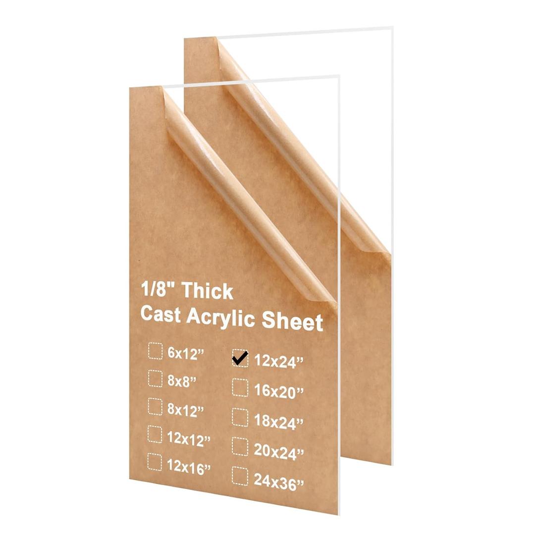 KINLINK 12x24 Plexiglass Sheets 1/8 inch Thick, 3mm Clear Cast Acrylic Sheet, Plastic Board for DIY Project, Craft, Window Glass, Table Top, Picture Frame, Acrylic Sign and Wedding Invitation 2 Pack