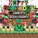 Pixel Birthday Party Decorations, Party Supplies Set Including Balloons, Backdrop, Banner, Tablecloth, Hanging Swirls, Cake Cupcake Toppers for Pixel Theme Party