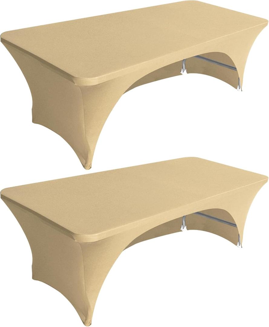 Eurmax USA Spandex Table Cover 6 ft. Fitted 30+ Colors Polyester Tablecloth Stretch - Table Toppers, Open Back (Champagne, 2 Pack)