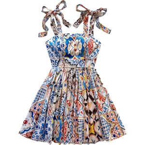 Floerns Women's Summer Floral Print Tie Shoulder Cami Dress Flare Hem Boho Mini Dress (Medium, Blue Khaki Multi)