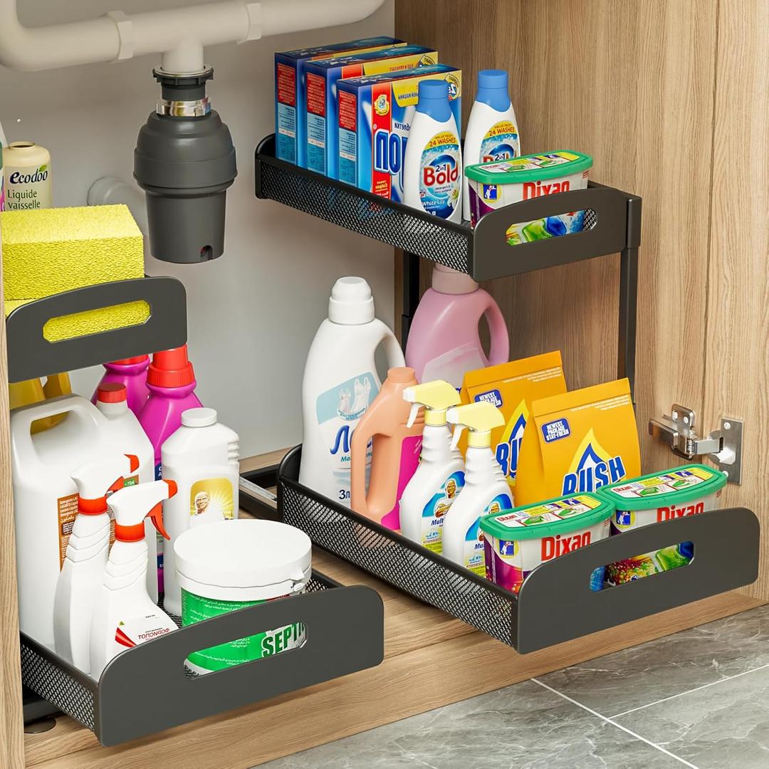 YASONIC 2 Pack Under Sink Organizer, 2 Tier Height Adjustable Kitchen Cabinet Organizer, Pull Out Metal Cabinet Shelf Organizer, Under the Sink Organizers and Storage for Kitchen & Bathroom, Black