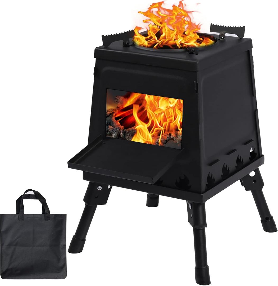 Lineslife Wood Burning Camp Stove, Portable Cast Iron Camping Wood Stove, Black Woodstove with Carrying Case for Backpacking Outdoor Cooking