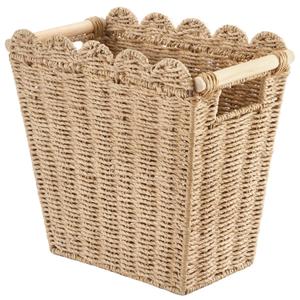 Scalloped Wicker Trash Can, 3.5 Gallons Small Bathroom Wastebasket, Rattan Paper Rope Waste Basket for Bedroom, Toilet, Narrow Garbage Can for Farmhouse Warming Home Kitchen Bathroom Decor