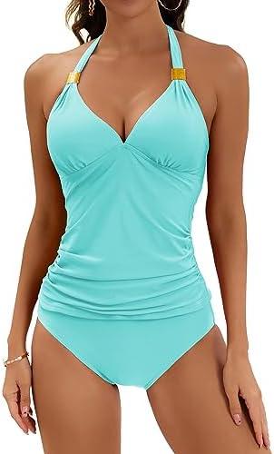 B2prity Halter Tankini Swimsuit for Women Tummy Control Two Piece Bathing Suit V Neck Swimwear with Shorts, Large 