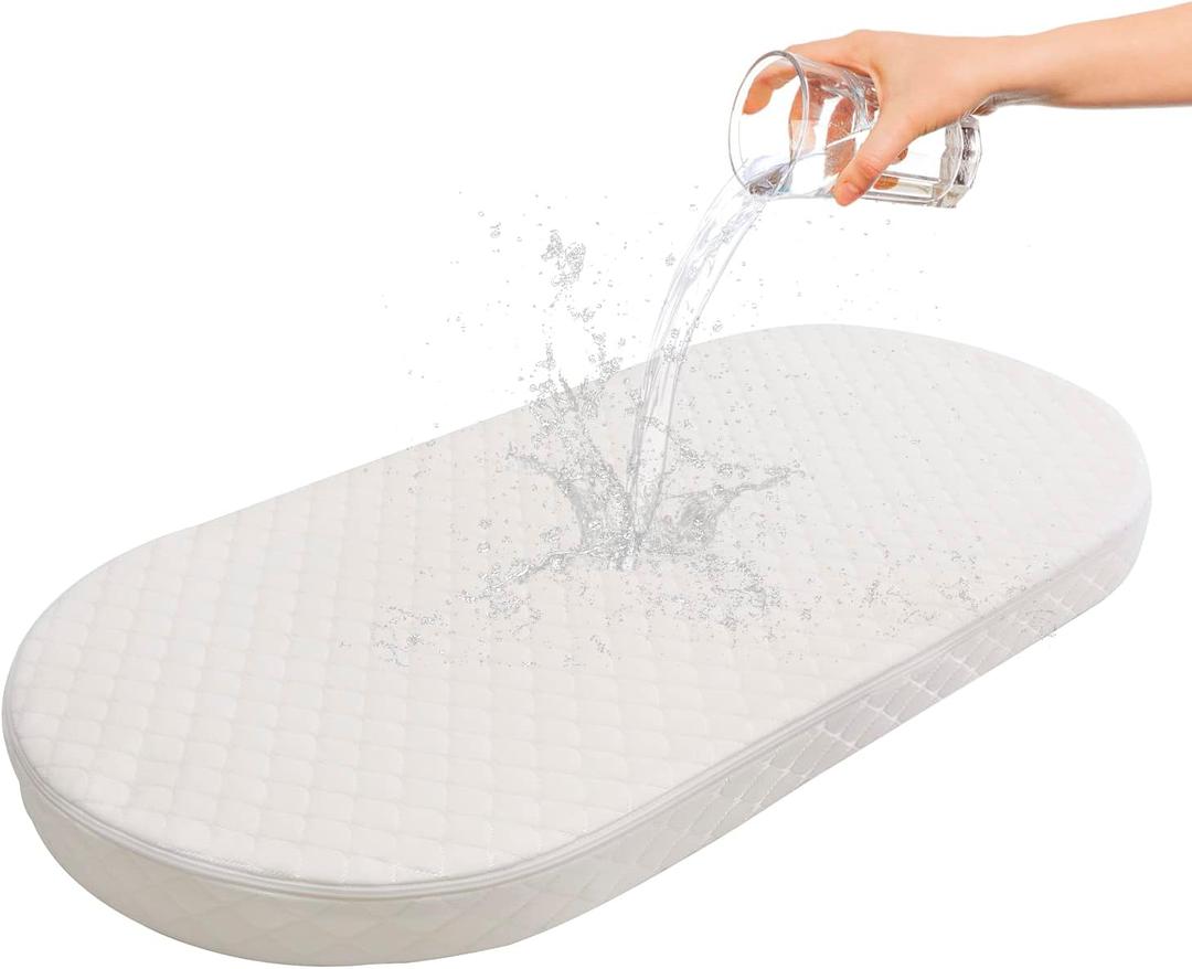 Baby Bassinet Mattress, Breathable, Premium Foam, Hypoallergenic, Non-Toxic, Oval Shaped with Removal Waterproof Cover, 20" x 33" x 2'' (White)