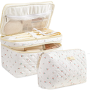 HBselect 2Pcs Travel Makeup Bag, Large Cotton Quilted Makeup Bag Cosmetic Bag Cute Make up Bag Toiletry Bags for Women Girls