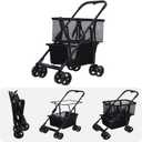 Multifunctional Folding Shopping Cart Foldable Double-Decker Foldable Personal Shopping Cart, Pet Stroller Detachable Carry Bag with Wheels (1 Set, Black)