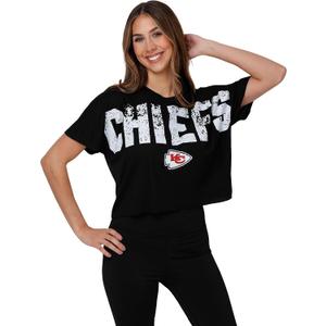 FOCO NFL Womens NFL Team Logo Ladies Fashion Distressed Wordmark Crop Top Shirt (Black, Large)