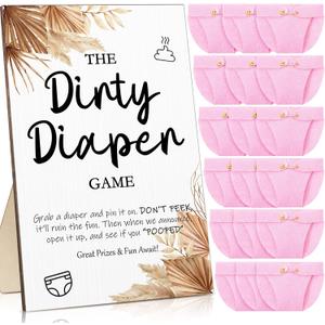 Roowest 51 Pcs Dirty Diaper Baby Shower Games Funny Wooden Sign with 50 Pcs Mini Diapers Cute Felt for Gender Reveal Party Baby Shower(Boho Pink)