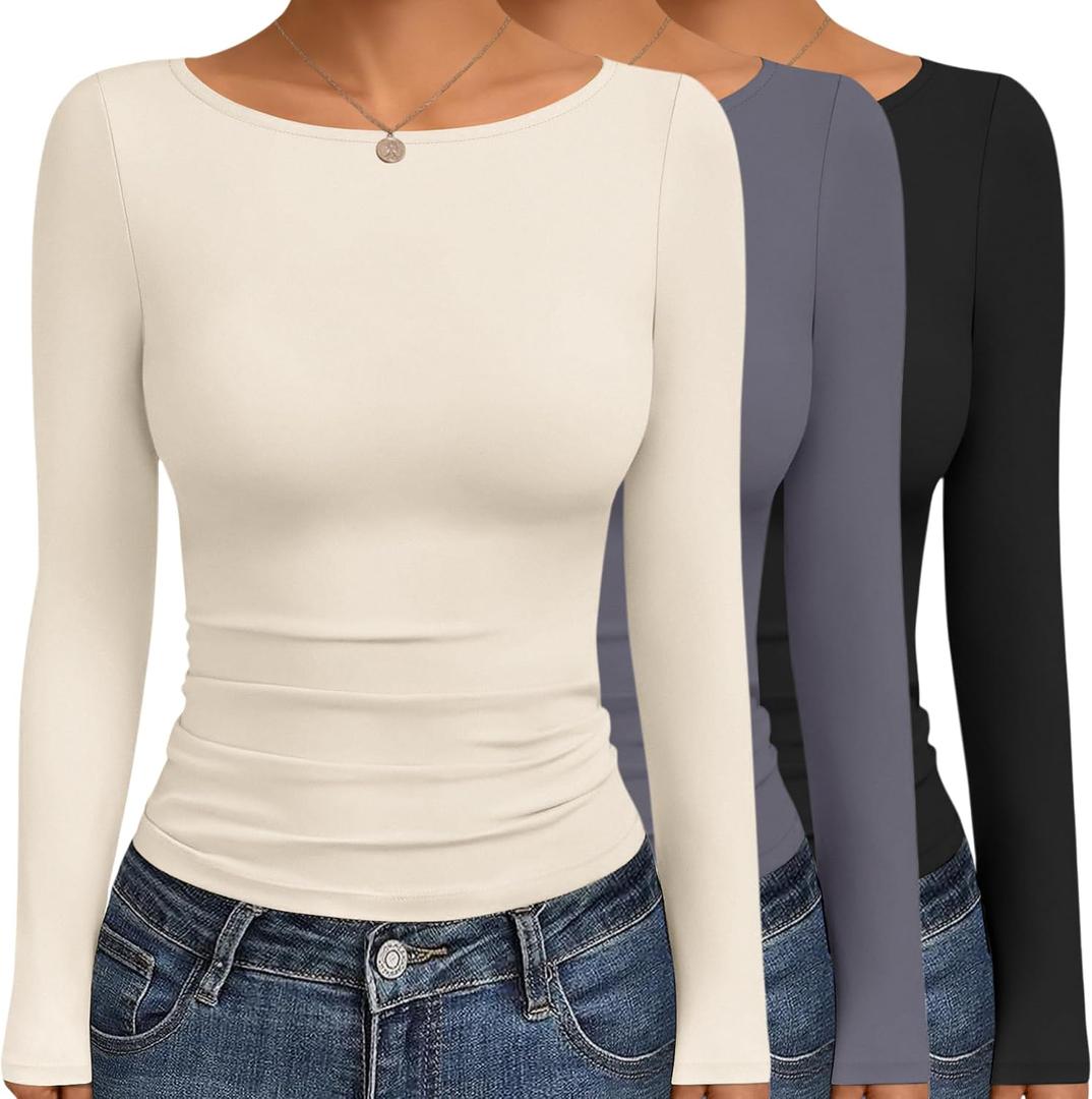 Ekouaer Long Sleeve Shirts Casual Basic Tees Boat Neck Tops (S)