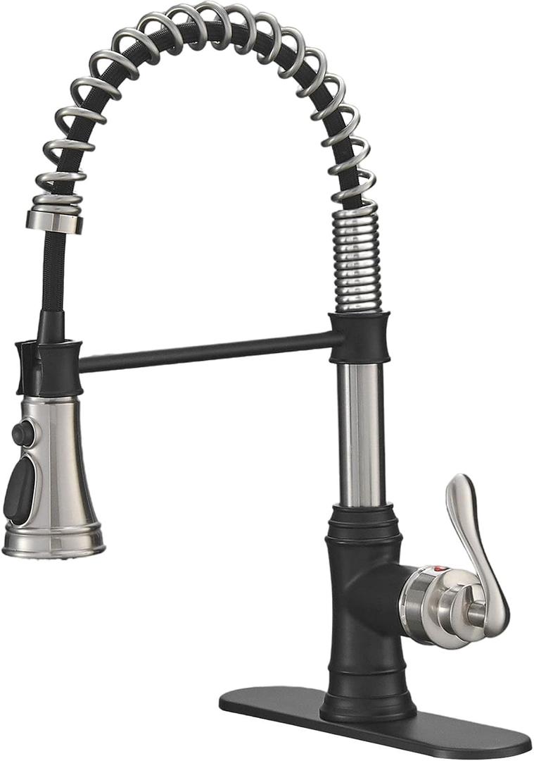 Kitchen Sink Faucet Dual Finish Black/Brushed Nickel with Pull Down Sprayer 3 Spray Modes Single Handle High Arc Commercial Bar Pull Out Faucet for Kitchen Sink Modern Deck Plate Include