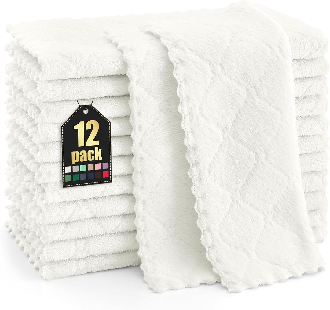 Homaxy 12 Pack Kitchen Dish Cloths (10 x 10 Inches, White), Super Soft and Absorbent Coral Velvet Dish Towels, Nonstick Oil Fast Drying Microfiber Cleaning Cloth, No Lint Household Dishcloths