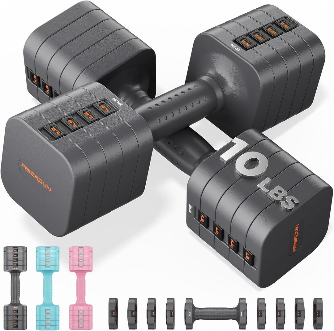 FEIERDUN 5-in-1 Adjustable Dumbbell Set of 2, 12LBS/20LBS Hand Weights for Women, 1s-Adjust Dual-Stable Dumbbell Set for Women Home Gym & Outdoor (A-Strength Grey)