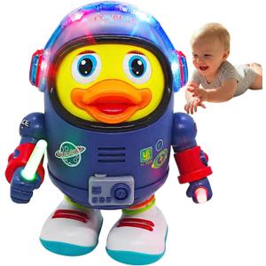 Musical Dancing Space Duck Toy, Walking Duck Robot with Lights & Sounds, Crawling Interaction & Tummy Time Toy for Babies Ages 1-3, Toddlers Birthday Gift (Blue)