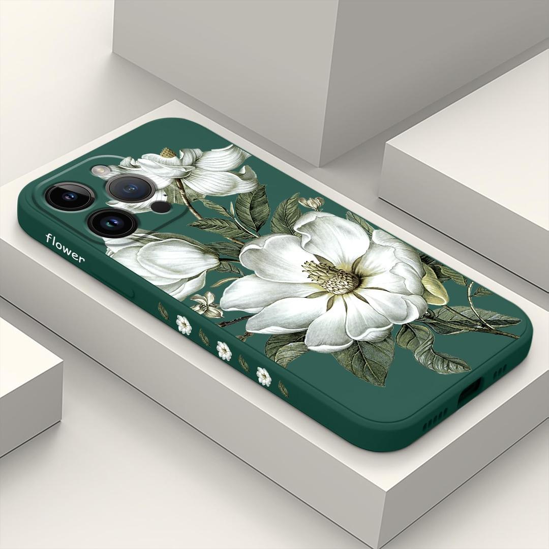 for iPhone 15 Pro Max Case Anti Scratch Soft Microfiber Lining, Soft Shockproof Slim Fit Floral for iPhone 15 Pro Max Phone Cover 6.7 inch-Cotton Green