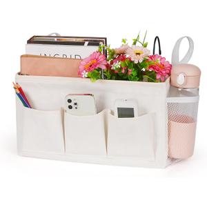 Lilithye Bedside Caddy Storage Organizer with Fixed Straps and Water Bottle Holder for Home, College, Dorm, Bunk/Hospital/Crib Bed Rails, White
