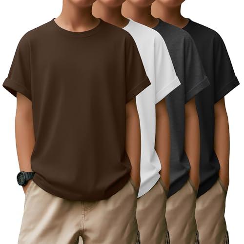 LessonZoo 4 Pack Boys Short Sleeve Shirts Crewneck Kids Tops for Ages 5-14 Loose Fit Basic Casual Soft Plain Youth Tees(9-10 Years, Black, Dark Mixed Gray, White, Brown), 9-10Y