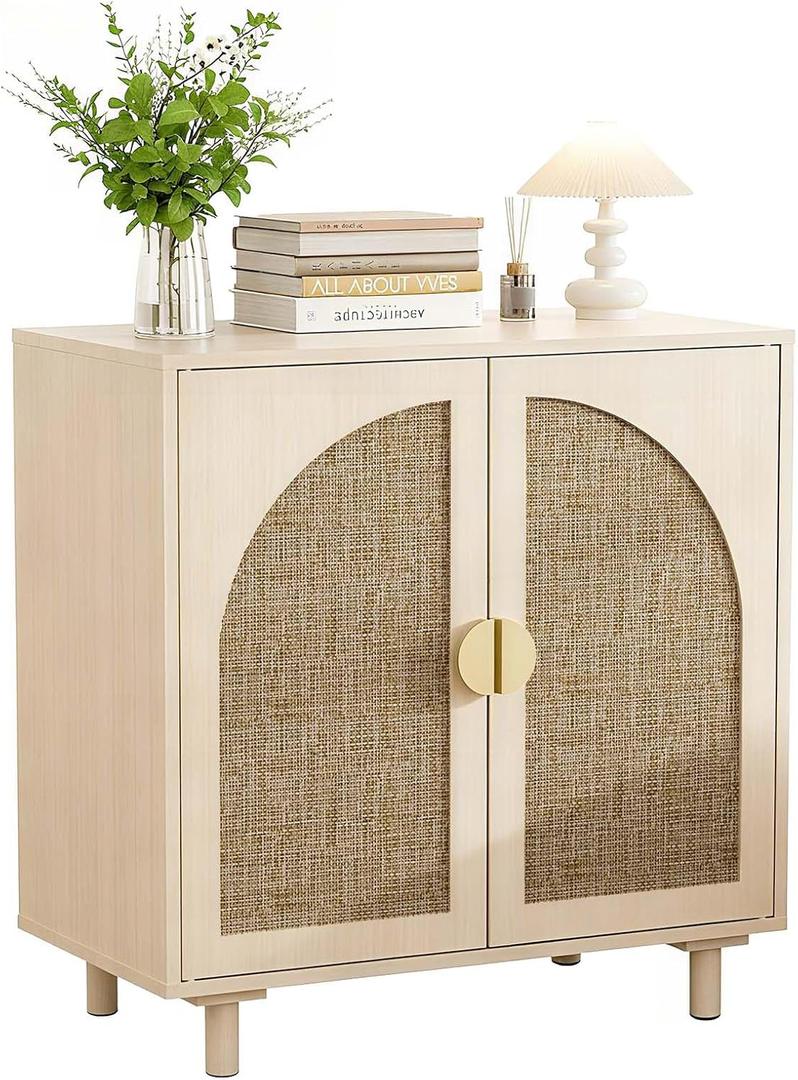 Rattan Cabinet, Buffet Cabinet with 2 Magnetic Doors and Adjustable Shelves, Sideboard Buffet for Hallway, Entryway, Living Room, or Kitchen, Natural