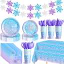 Sliner 171 Pcs Winter Snowflake Tableware Set Snowflake Party Supplies Winter Party Decoration Include Paper Wonderland Plates Napkins Cups Cutlery Tablecloth Banner for Birthday
