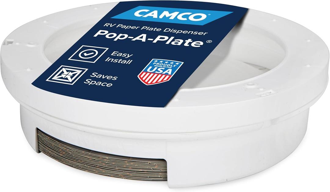 Camco Pop-A-Plate Plastic Plate Dispenser - Measures 10.2" Diameter x 2.6" Tall - Holds 9" Paper Plates - Ideal for Compact Spaces, RVs and Trailers - Mounts Under Cabinets or Shelves - White (57001)