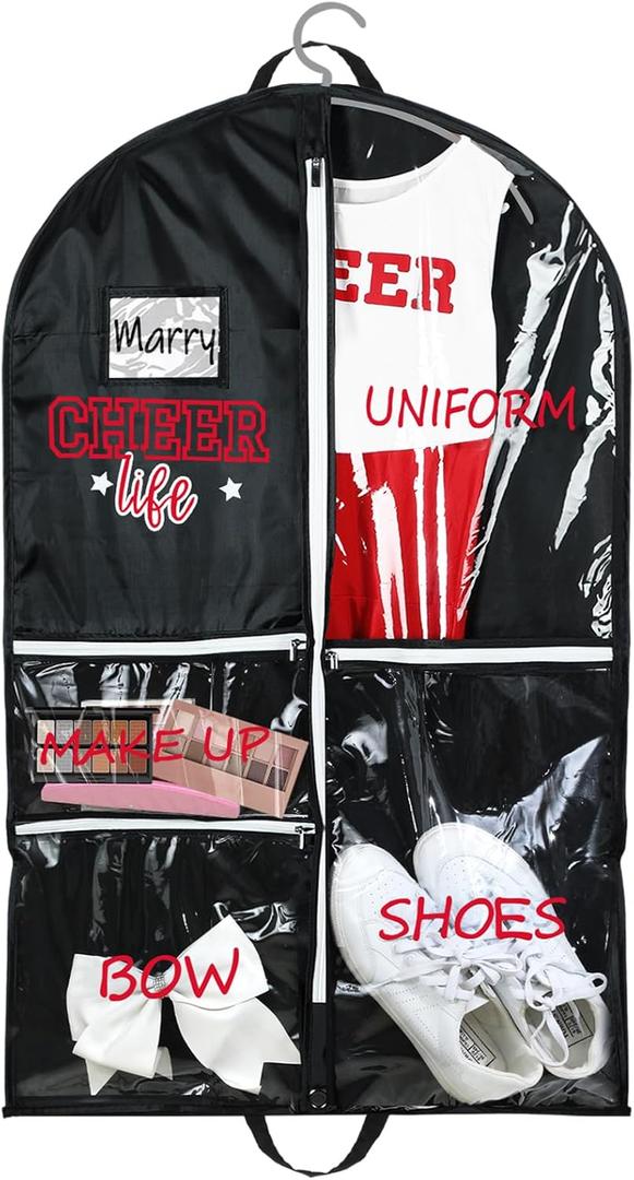 Cheer Garment Bags for Cheerleading Uniform Waterproof Hanging Garment Bags for Dance Costumes 40 Inch Clothes Bag with 5 Pockets and Side Zip Travel Storage Cheer Uniform(Black,Red)