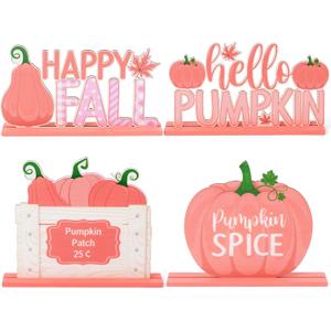 4Pcs Fall Pink Pumpkin Wood Tiered Tray Centerpieces, Autumn Farmhouse Wood Sign Table Topper Decoration, Thanksgiving Harvest Home Decor for Desk Shelf Mantel Fall Party Supplies for Pink Girl