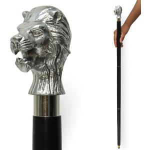 Walking Cane Stick with Silver Handle Featuring Detailed Lion Head  Premium Glossy Black Wooden Walking Stick with Durable Silver Ring