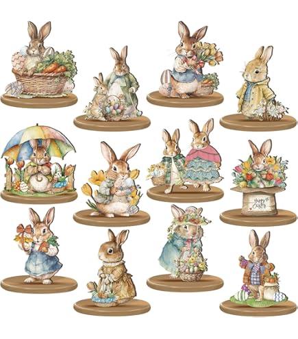 Wesiti 12 Pcs Easter Table Decorations Easter Bunny Wooden Table Centerpieces Vintage Rabbit Tabletop Signs Rustic Farmhouse Decorative for Spring Home Office Tiered Tray Decor Party Favor Supplies