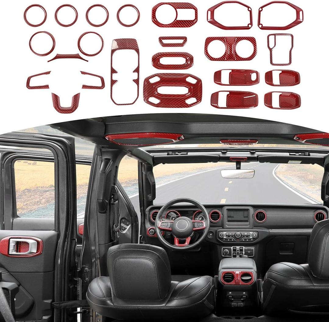 RT-TCZ for Wrangler JL Interior Trim Kit Compatible with Jeep Wrangler JL JLU Gladiator JT 2018-2023 Red Carbon Fiber Interior Accessories 23pcs
