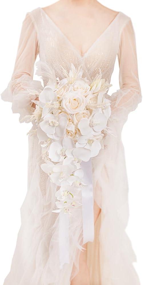 Bridal Bouquet Cascading, Nude & White Wedding Bouquets for Bride Bridesmaid 10" Artificial Flowers Bouquet for Wedding Decor