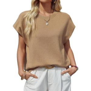 Saodimallsu Womens Cap Sleeve Sweater Top Summer Crew Neck Trendy Going Out Loose Knit Shirt (Brown)
