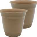 The HC Companies 10 Inch Eclipse Round Planter Pots with Drainage Holes & Attached Saucer, Lightweight UV-Resistant Plastic Indoor & Outdoor Planters, 2-Pack Flower Pots, Garden Home Decor, Sandstone