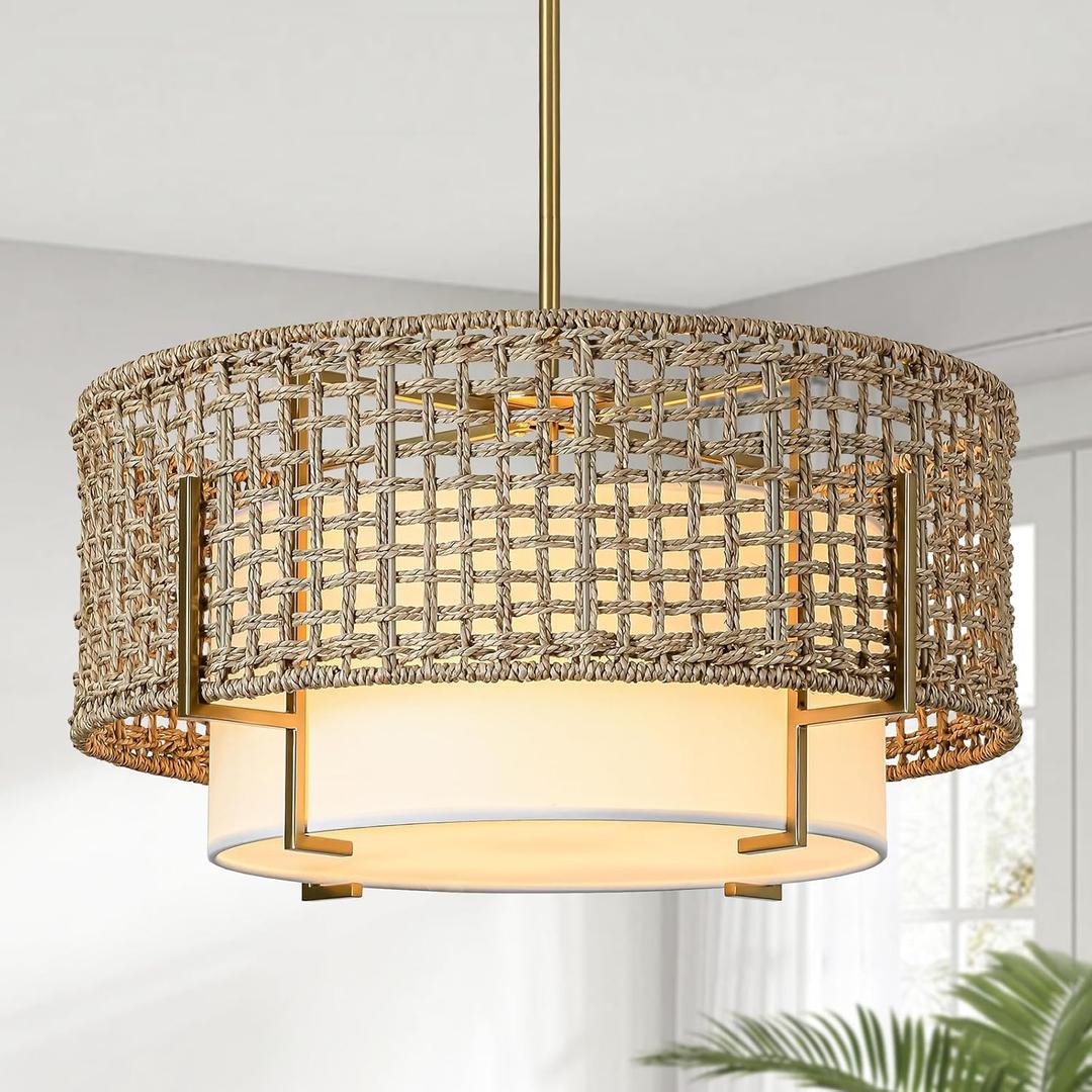 19.7" Rattan Chandelier, 4-Light Boho Dining Room Light Fixture | Rustic & Bohemian Style, Wicker & Linen Shade, Hand Woven, Hanging Height Adjustable, for Living Room, Bedroom, Foyer